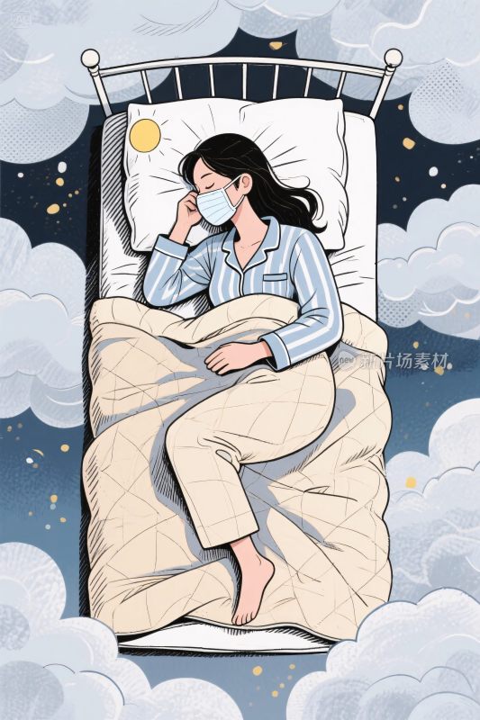戴口罩女孩睡床插画