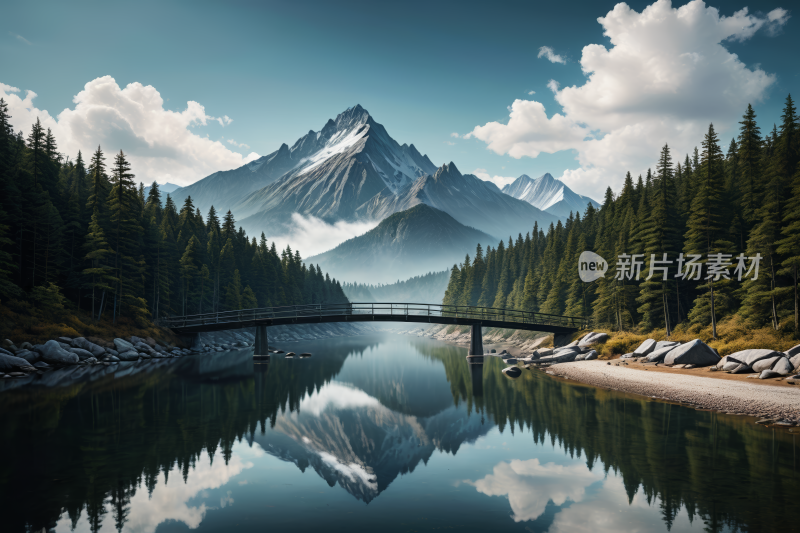 河上一座桥一座高山清风景插画图片