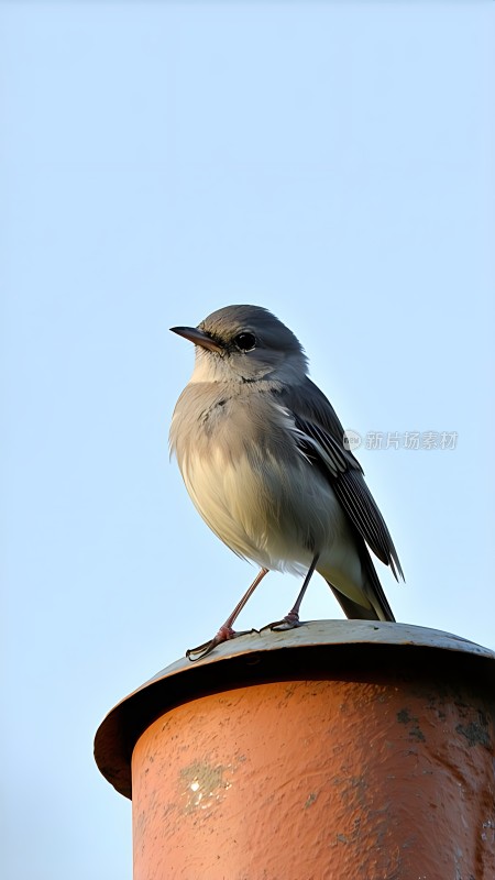蓝天下的灰白小鸟栖息在红色圆柱上