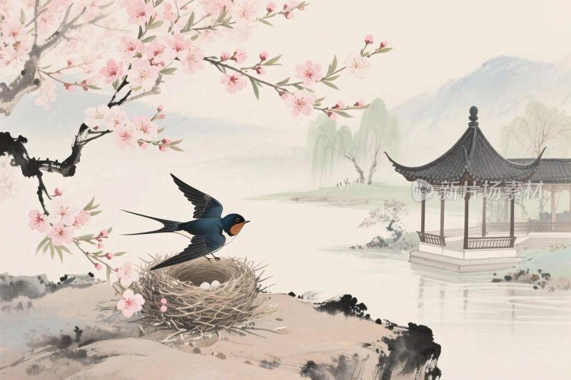 国风山水燕子插画