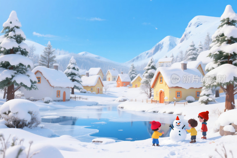 冬季童话般的雪景和孩子们堆雪人
