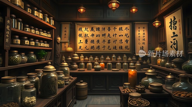 古风药铺中药罐与书法作品