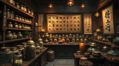 古风药铺中药罐与书法作品 古风药铺中药罐与书法作品