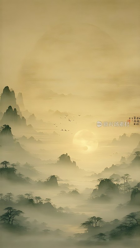 晨雾笼罩下的山川美景