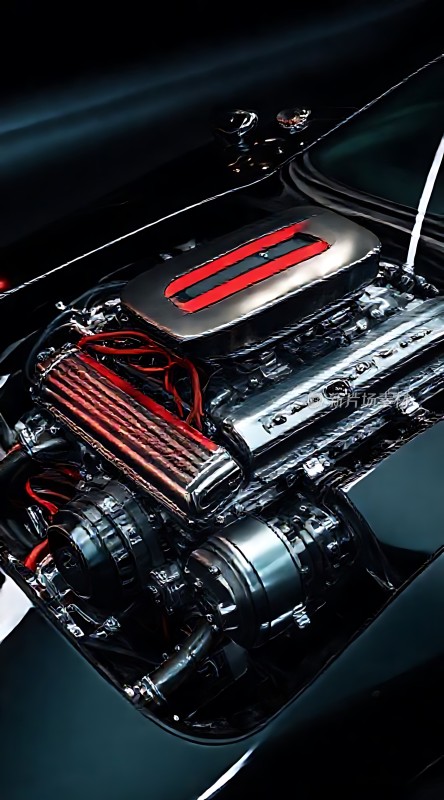 黑色汽车引擎盖下闪亮的发动机
