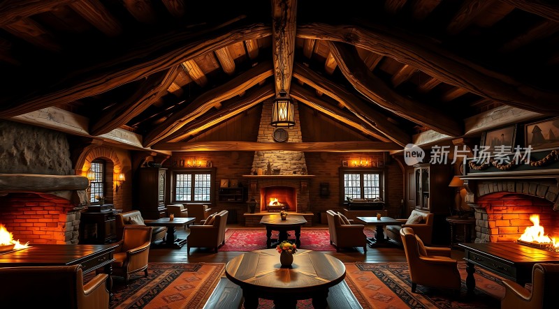 温馨木屋壁炉生火舒适座椅温暖氛围