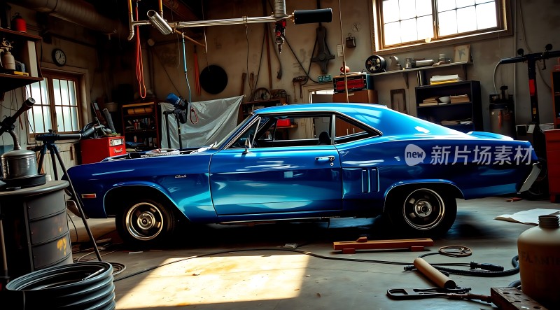 车库里的蓝色经典汽车