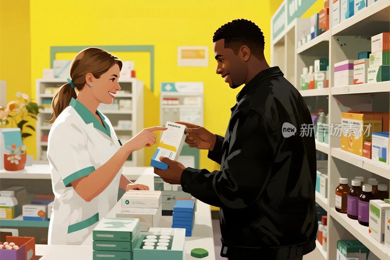 药店顾客与药剂师交流场景
