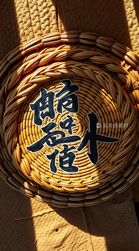 阳光下的竹编篮子上的书法艺术