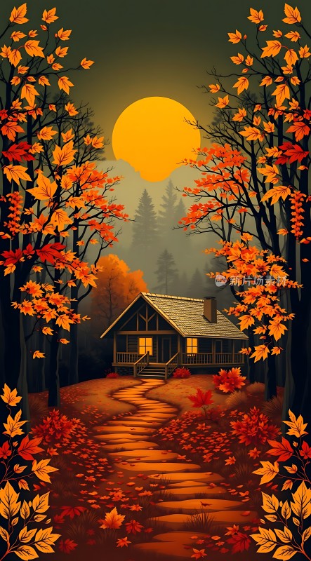秋日小屋满地金黄温馨宁静