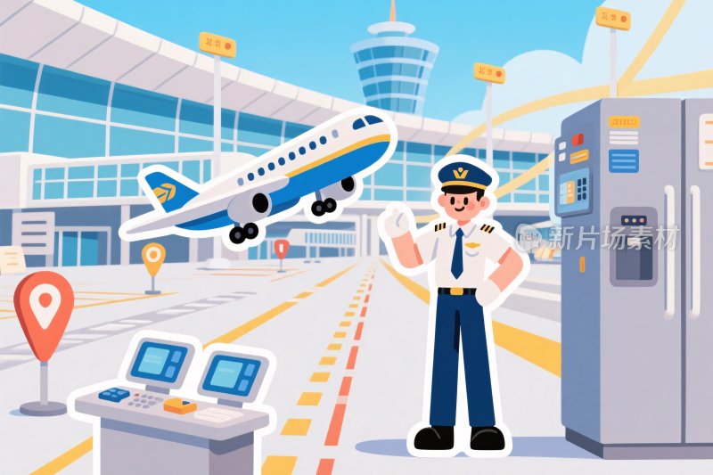 机场场景中的航空工作人员插画
