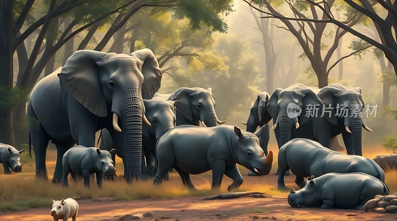 森林中的大象与犀牛