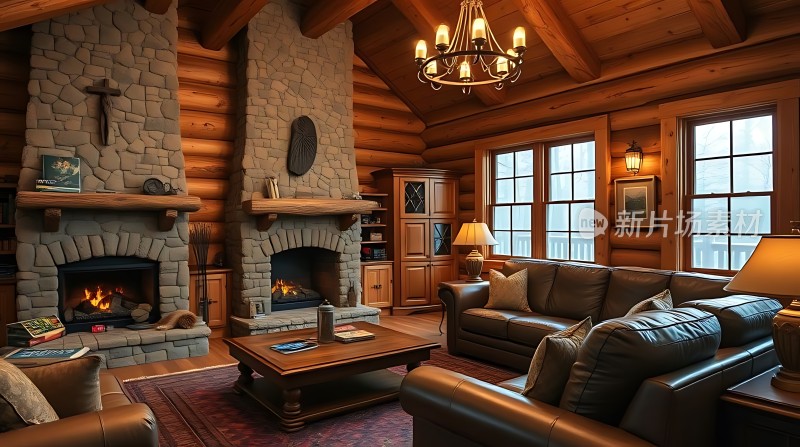 温馨木屋客厅石砌壁炉与皮质沙发营造舒适氛围