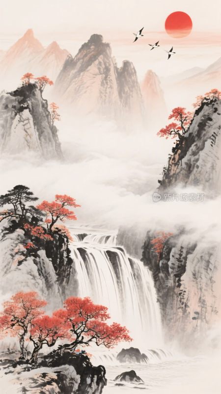 中式山水瀑布红日景观图