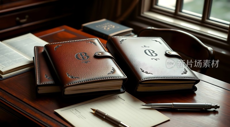 优雅办公桌上的棕色皮质笔记本与钢笔