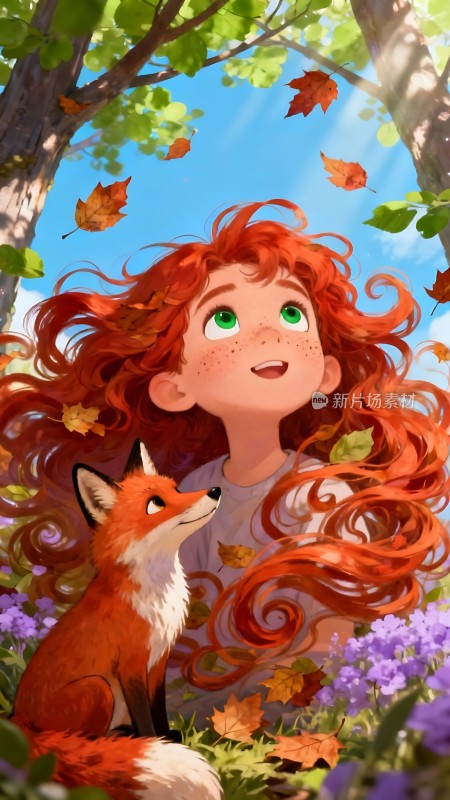 秋日森林里的红发女孩与狐狸