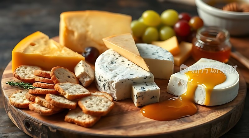 美味奶酪拼盘搭配饼干、蜂蜜和葡萄