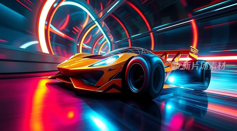 赛博朋克风格赛车在霓虹灯光隧道中疾驰