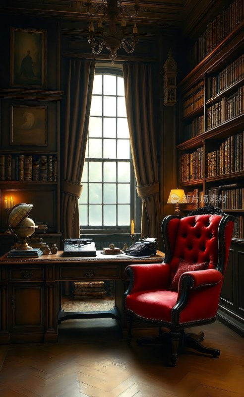 书房一角红色椅、木桌、书架、地球仪