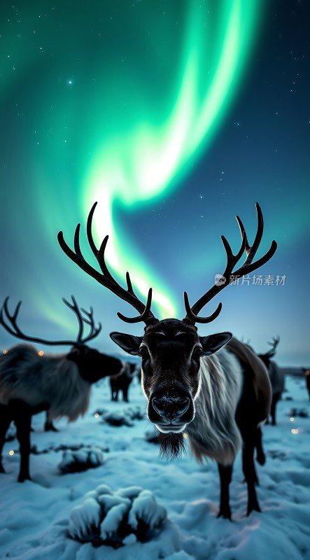 极光下的麋鹿群