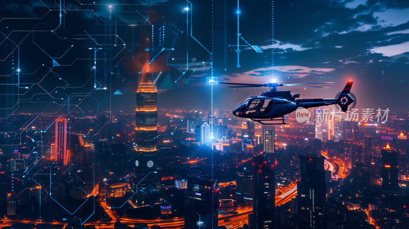 科技感背景一架直升机飞行在繁华的城市夜空