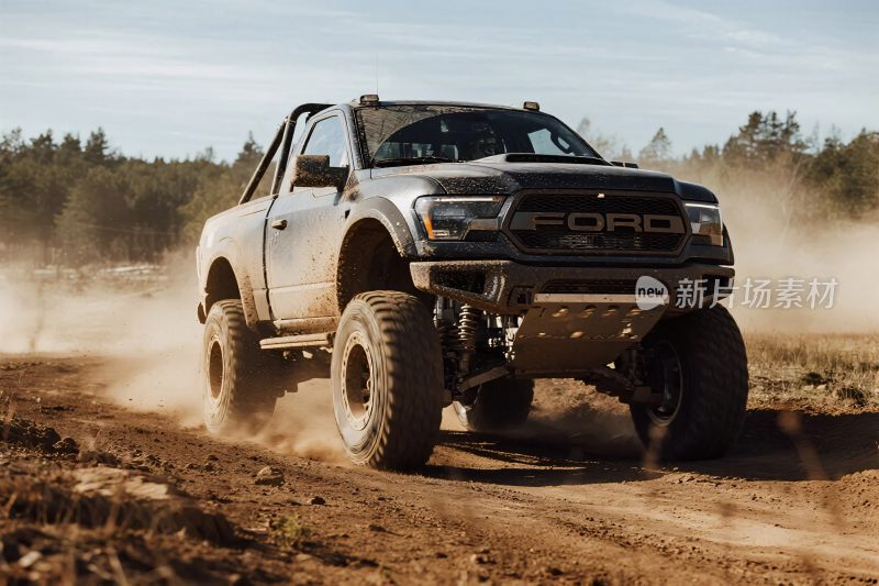 越野皮卡驰骋在土路上