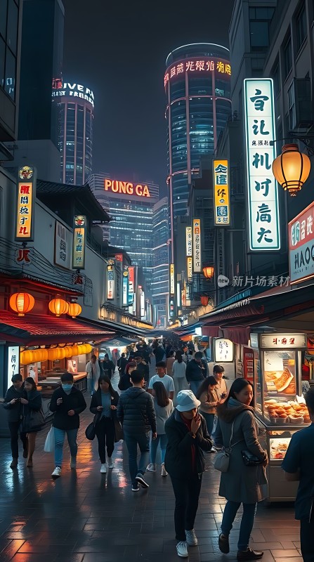 繁华都市夜景霓虹闪烁人群熙攘