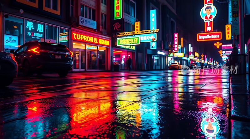 霓虹灯下的繁华街道夜景