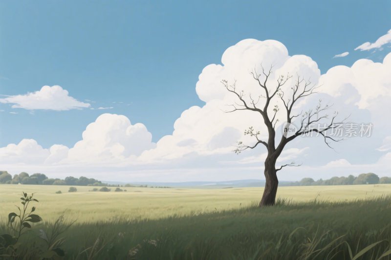 旷野孤树风景插画