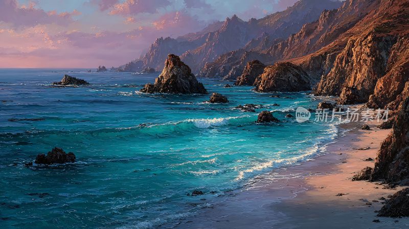 海边壮丽山景与海浪景观