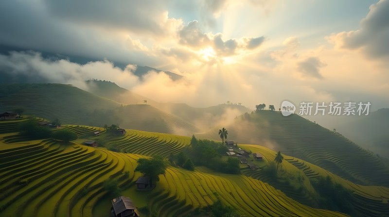 梯田晨曦阳光洒满山谷