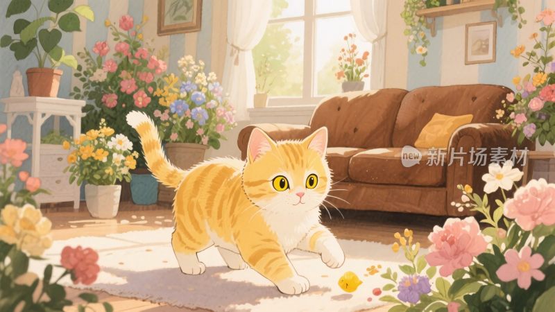 温馨室内橘猫插画