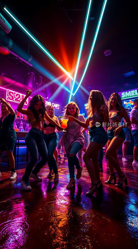 霓虹灯光下活力四射的派对女孩们尽情舞动