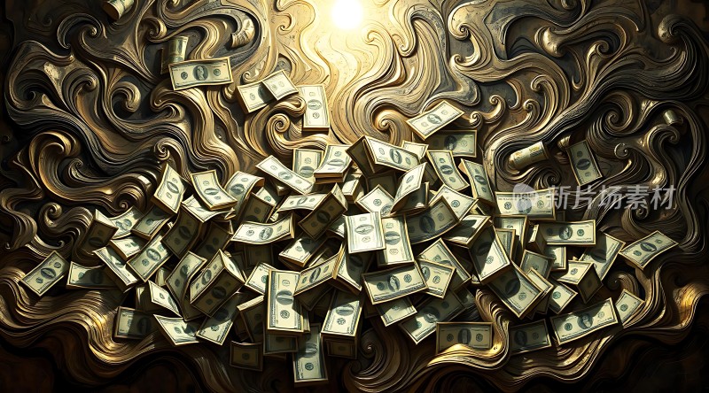 金钱风暴美元在金光中飞舞