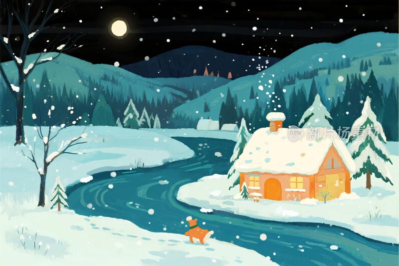 冬日雪景乡村插画