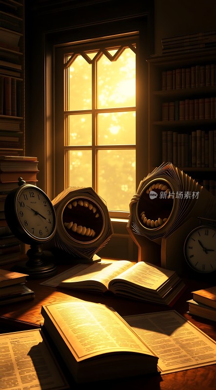 书桌上的神秘时钟与书籍