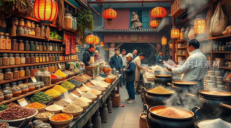 古色古香市集琳琅满目商品热闹非凡场景