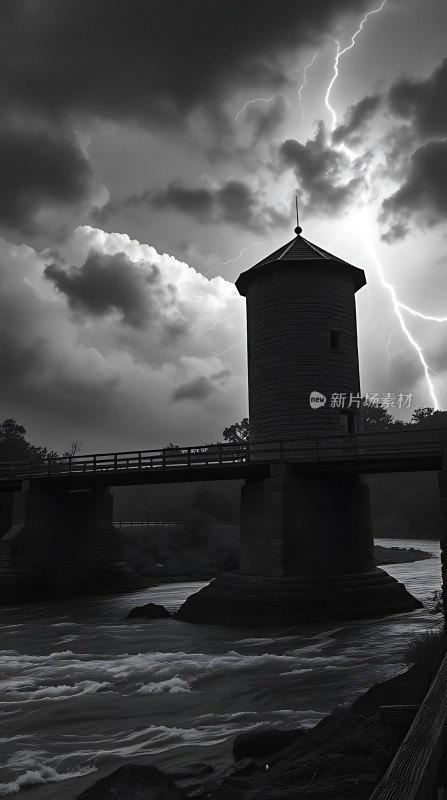 暴风雨中的灯塔与闪电