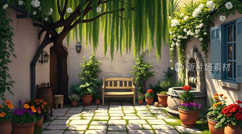 阳光午后绿意盎然的小院