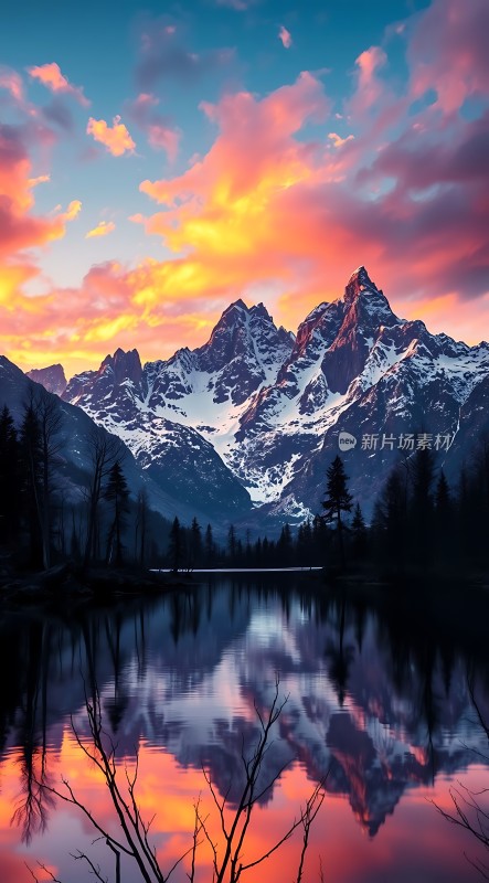 日落下的雪山倒影