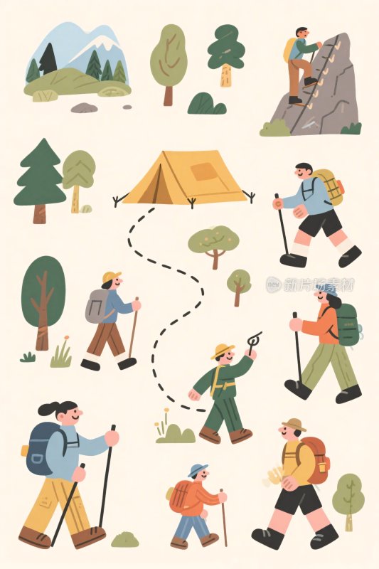 户外徒步露营插画元素