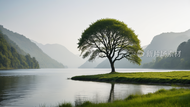 湖中央有一棵大树风景风光高清图片