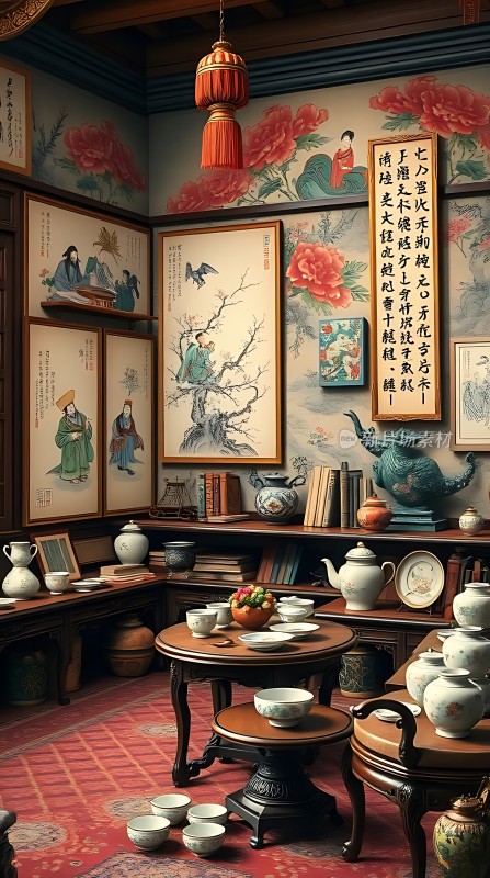 古风雅室茶香四溢书画环绕古典韵味