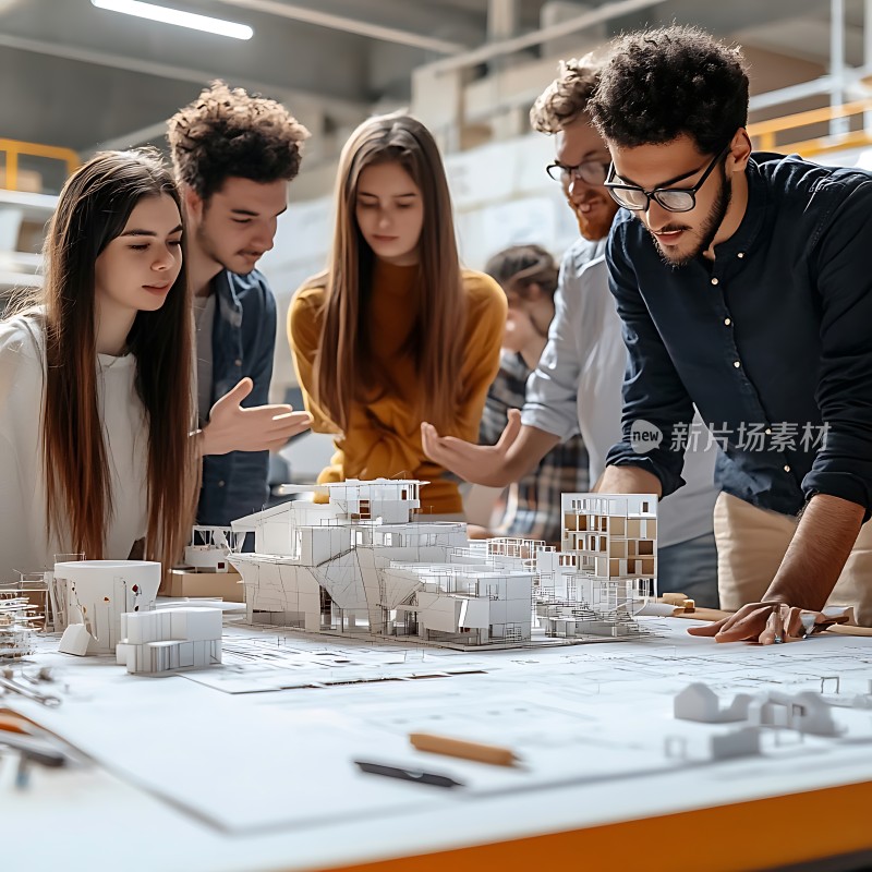 团队协作共同探讨建筑模型设计