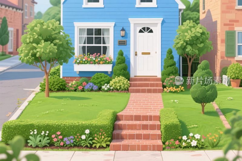 卡通蓝色住宅插画