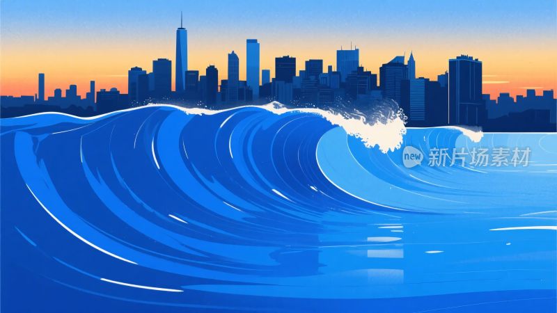 城市前的蓝色汹涌海浪插画