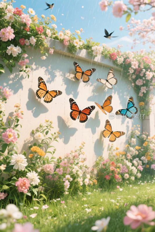花园蝴蝶花丛插画