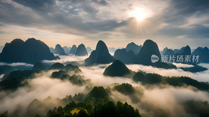 桂林山水照片山峰云海群山云雾缭绕自然风景