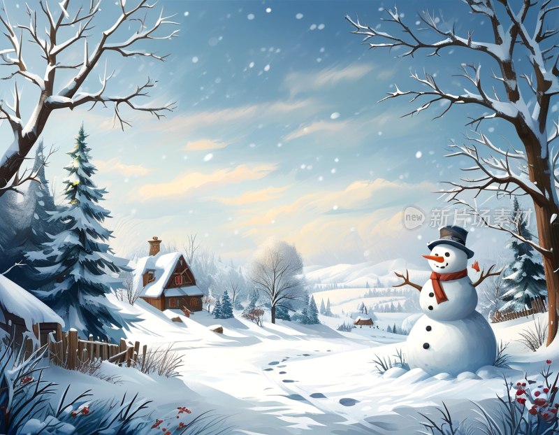 冬日雪景堆雪人