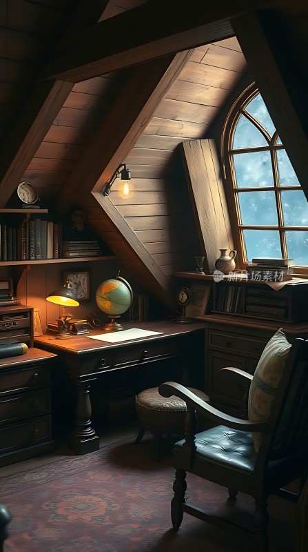 阁楼书房木质家具与自然光线交织营造宁静阅读氛围